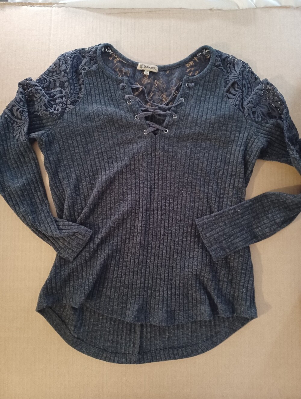 Democracy size XL Grey Lace Up front upper lace accents Sweater Top